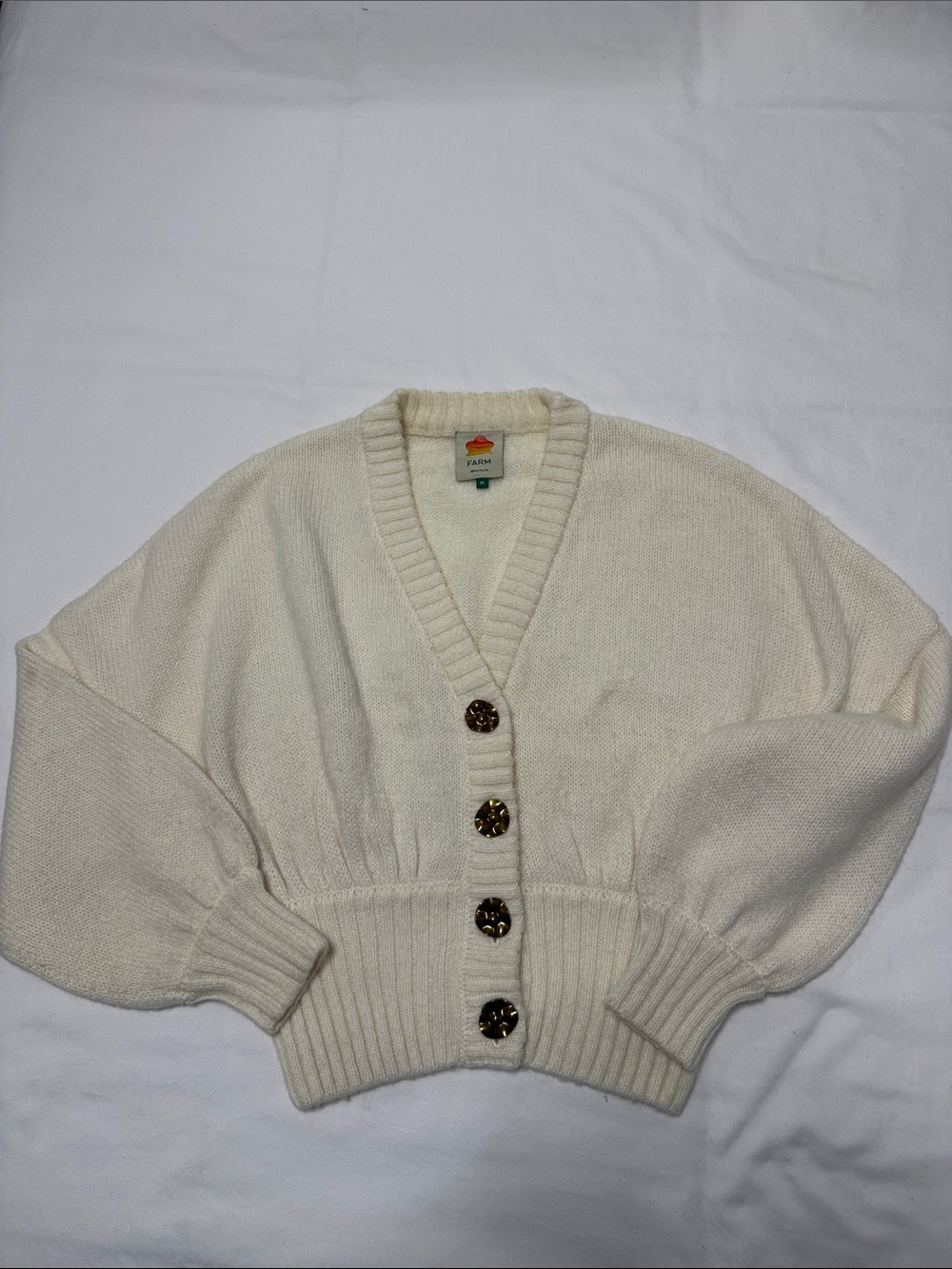 FARM RIO Cream Cropped Button-Front Women's Sweater Cardigan with metal buttons
